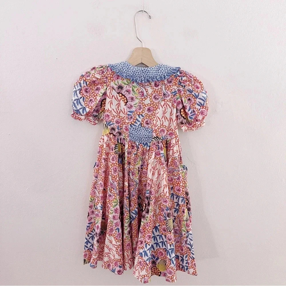 Vintage Mousefeathers Star Print Floral Ruffle Bow Kids Dress Short Sleeve - Picture 4 of 6